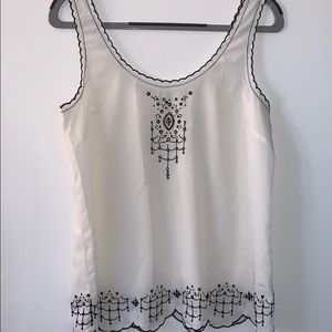 Temperance sheer with blue embroidery design